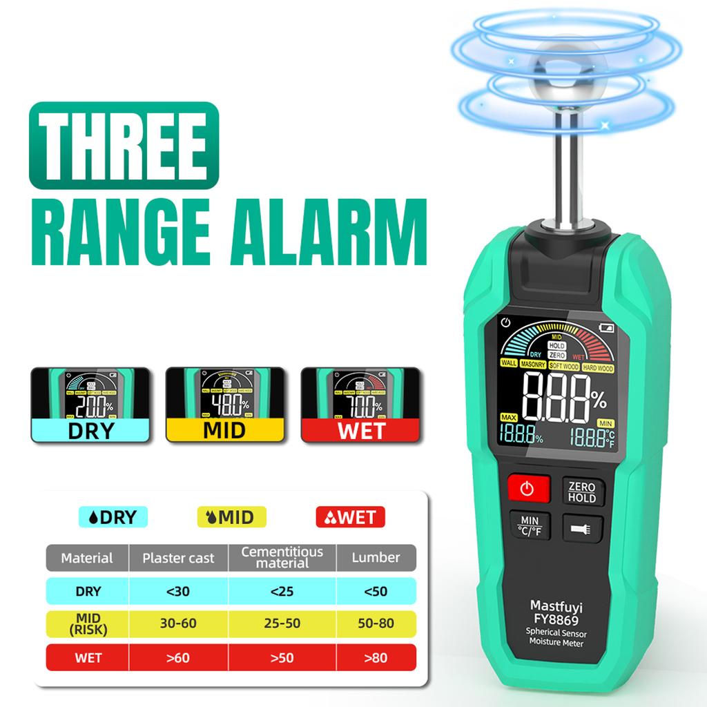 Green Pinless Wood Moisture Meter FY8869 Rechargeable Non Destructive Tester 0 100 RH 5 40mm Depth for Lumber Drywall