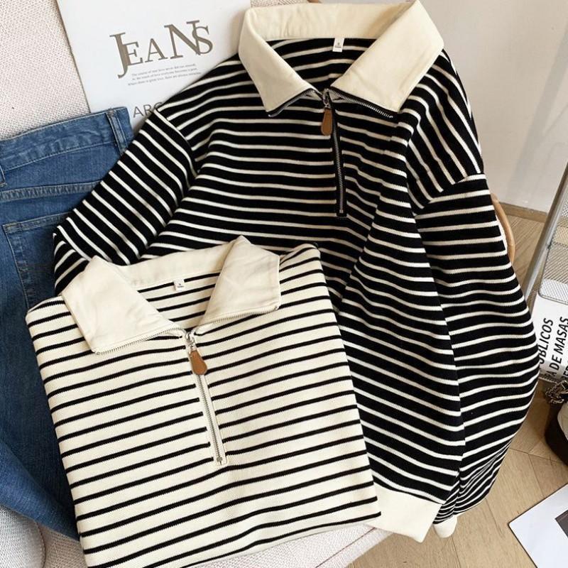 Womens Oversized Polo Collar Striped Zip-Up Sweatshirt Long Sleeve Casual Top Fall