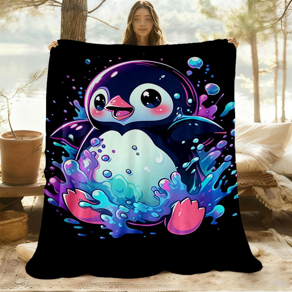 1pc Penguin Splash Flannel Blanket, Comfortable and Warm Blanket, for Camping Sofa Bed and Couch Office022