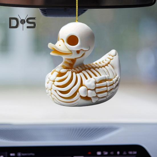 Skeleton Duck Car Mirror Hanging Ornament Cute Cat Charm Keychain Pendant Acrylic Rearview Mirror Accessories for Women Girls Halloween Decoration
