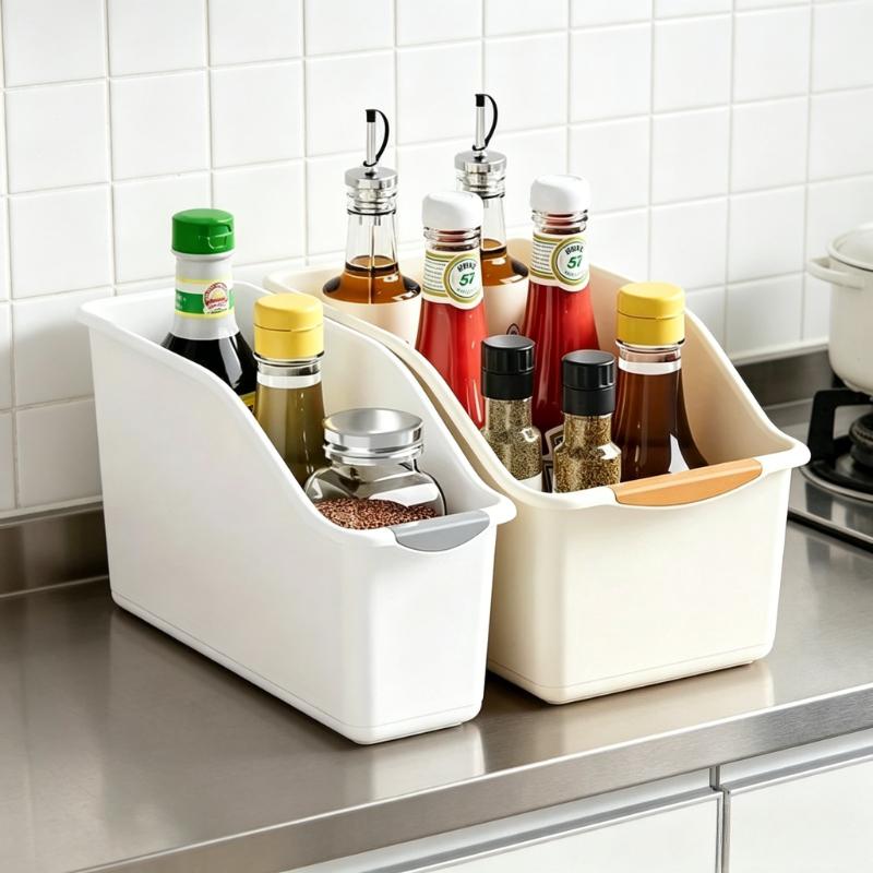 Under Sink Storage Bins with Handle, Slim Plastic Organizer Boxes for Cleaning Supplies, Kitchen Bathroom Cabinet Organization