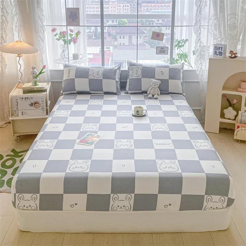Kawaii Bear and Rabbits Printed Fitted Sheet Set Pure Cotton Cartoon Animals Mattress Cover for Kids Boys Girls Bedroom Decor