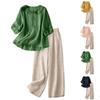 Stylish Two-piece Cotton-linen Set: Top, Vintage-inspired, Casual, And Wide-leg Pants.