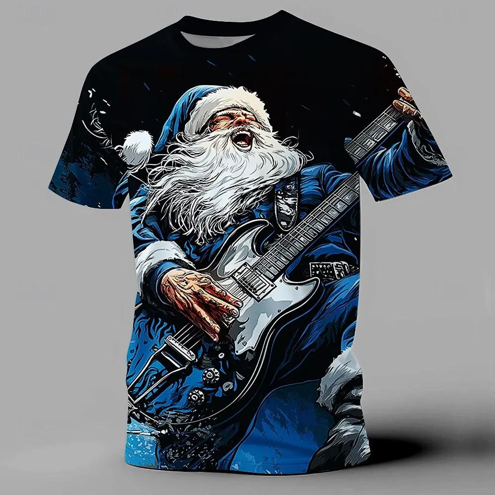 Christmas T-Shirts For Men Funny Santa Claus Musical Printed Men's Clothing Designer Short Sleeved Loose Oversized T-Shirts Tops