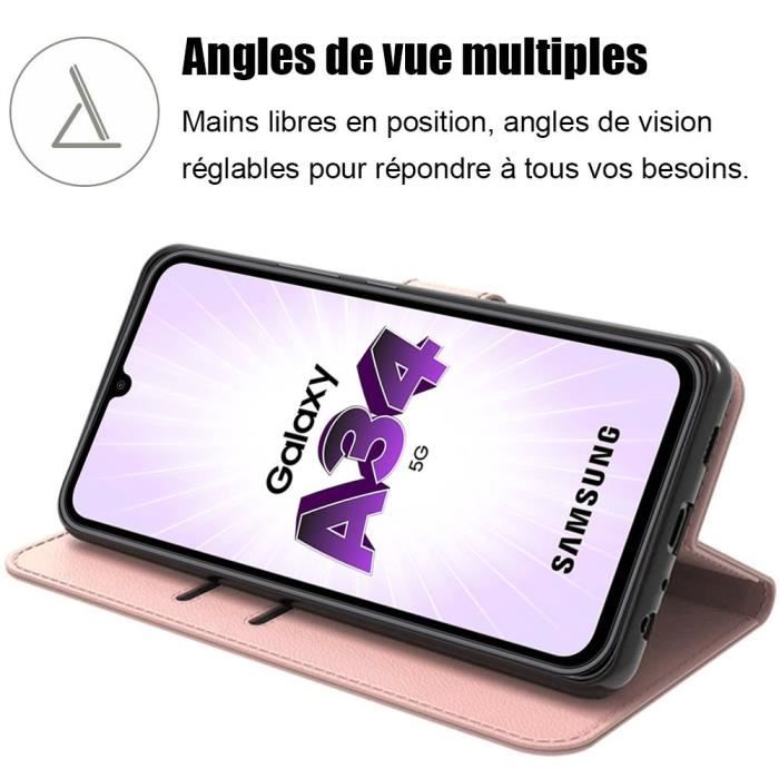 Coque de protection pour Samsung Galaxy A34 5G - BOOLING - Rose - Effet Cuir - Antichoc - 2 Verres Trempés
