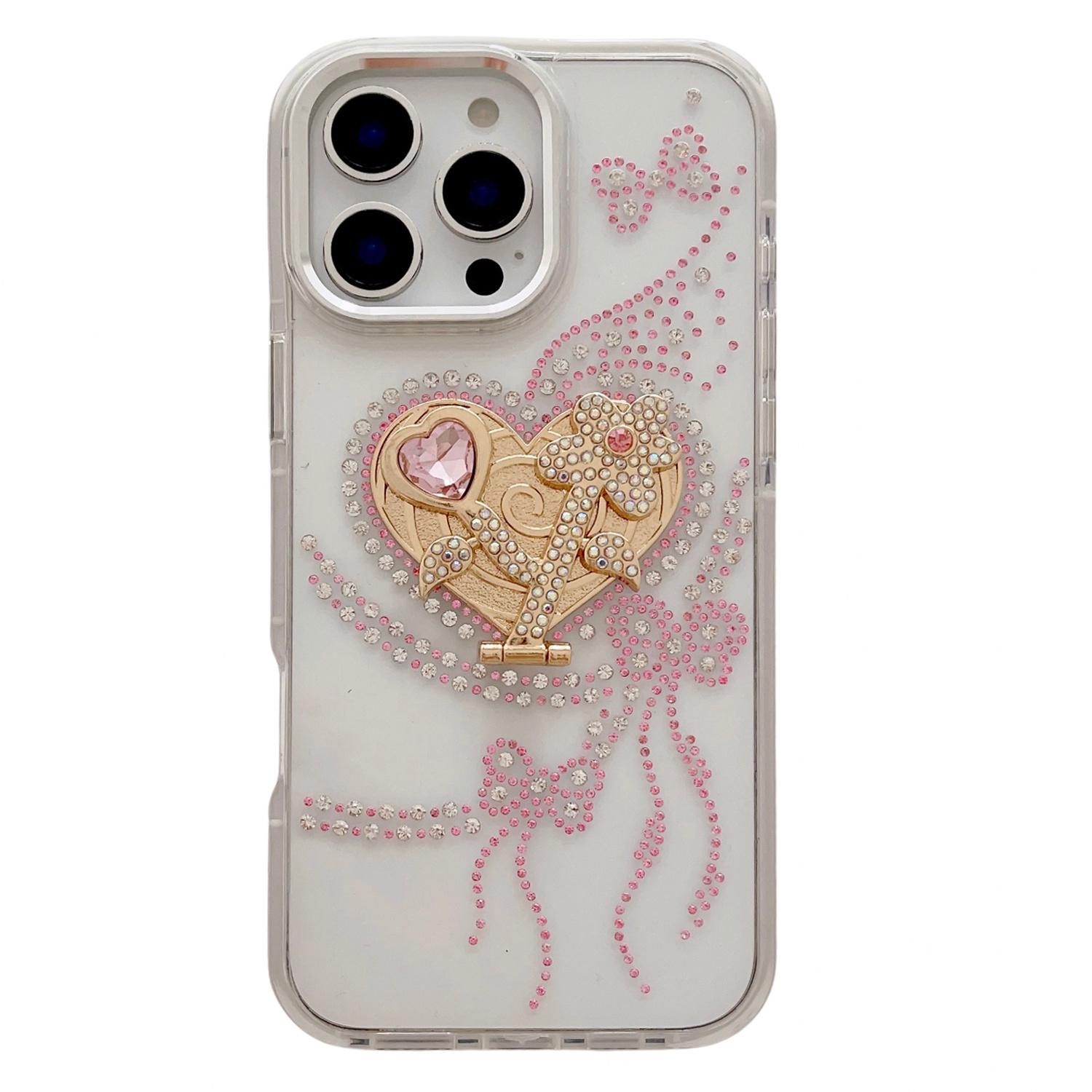 

For iPhone 16 Pro Case with Heart Shape Kickstand Anti Drop TPU+PC Phone Cover White