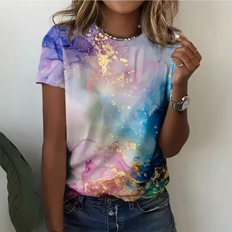Summer Women's Top Round Neck Multi Color 3D Printed T-shirt Women's Elegant, Fashionable, Comfortable Short Sleeve Top