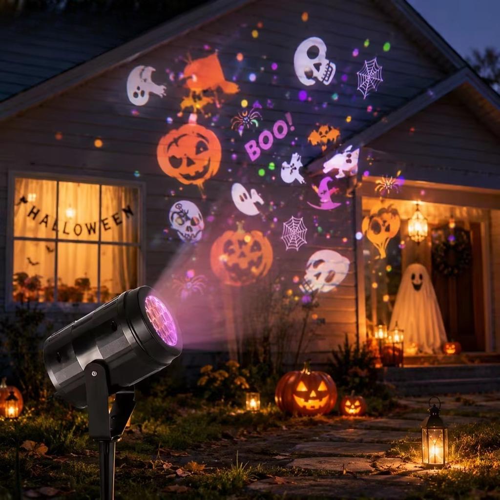 Halloween Ambient Projector Light Colorful Ghost Pumpkin Skull Pattern LED Projection Lamp 270° Adjustable Decor Light
