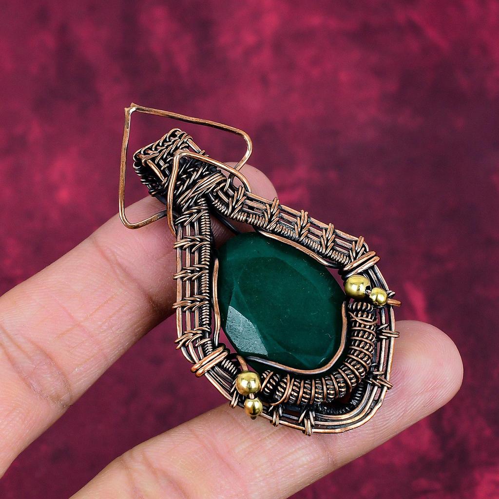 Faceted Zambian Emerald Gemstone Pendant Copper Wire Wrapped Handmade Jewelry