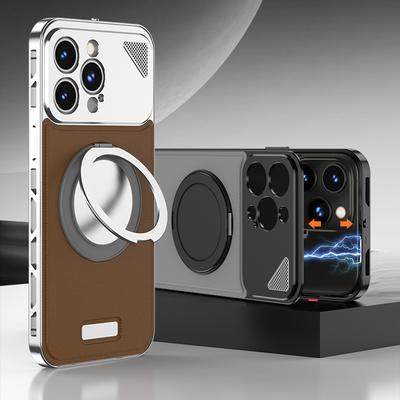 For iPhone 14 Pro Max Case Magnetic Closure Back Plate+Metal Frame Phone Cover with Kickstand