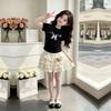 Girls Sweet Summer Bow Short Sleeve Top with Cartoon Cake Skirt Set