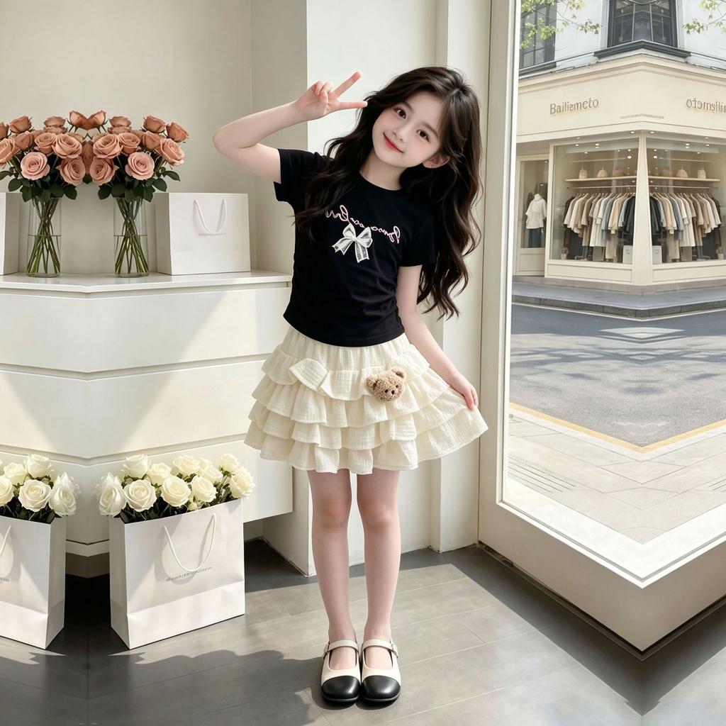 Girls Sweet Summer Bow Short Sleeve Top with Cartoon Cake Skirt Set