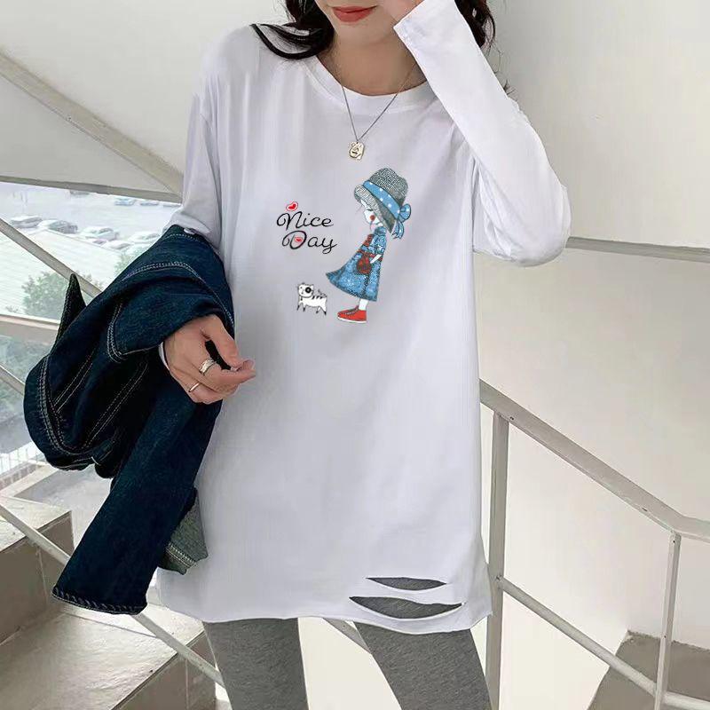 Damen Übergröße Baumwoll-T-Shirt mit Rissen und langen Ärmeln – Mittellang, Vielseitig, Weiß, Frühlings- und Herbststil