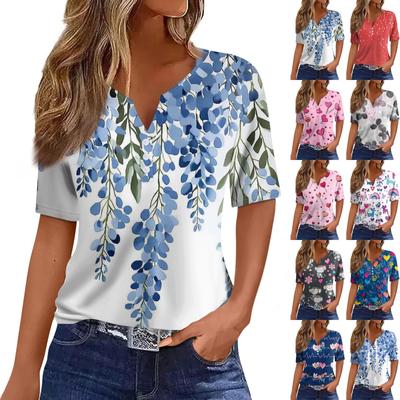 Women's T Shirt Tee Print Button Short Sleeve Daily Weekend Fashion Basic V- Neck Regular Top