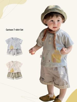 2026 Jungen Cartoon-Print Kurzarm-Set: Atmungsaktives und hautfreundliches zweiteiliges Outfit für den Sommer