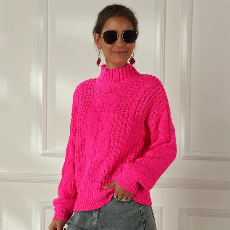 Leuchtende Farbe Kabelstrick Übergröße Damenpullover - Langarm Locker Halber Rollkragen Pullover