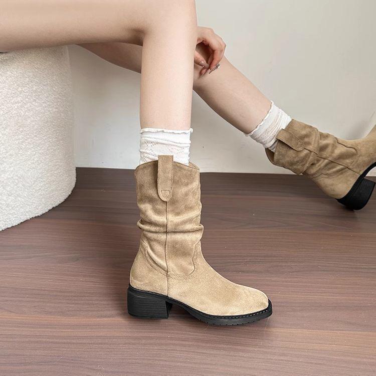 Herbst/Winter 2025 Retro-Stil Mid-Calf Wildleder Geraffte Cowboy-Stiefel