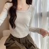 Square Neck Collarbone Exposed Hot Girl Long-sleeved T-shirt Women's Design Curved Hem Autumn and Winter French Tight Bottoming Shirt Top