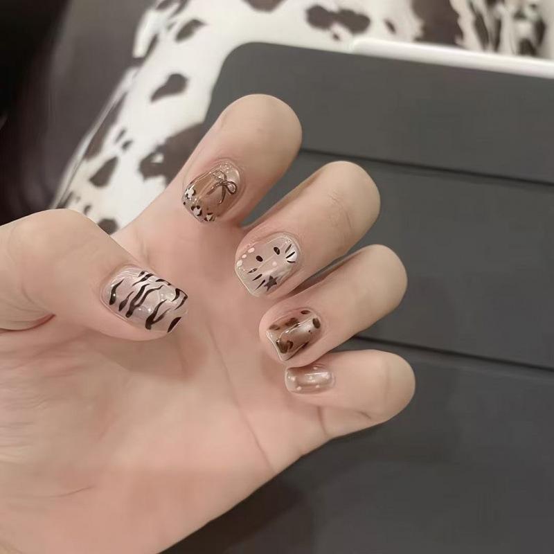 Leopard Print Cat Eye Bow Press-on Nails: Sweet & Cool Nail Art for Students XS with Toolkit