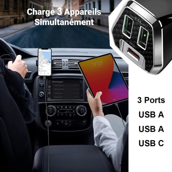 Chargeur de Voiture Universel Téléphone, USB-C et USB-A, Allume-Cigare Noir