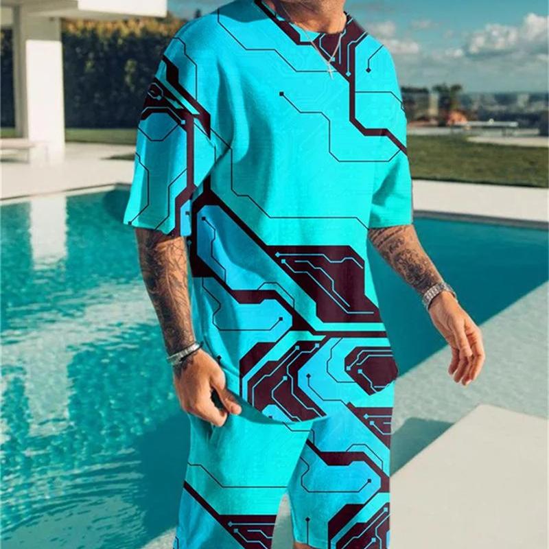 

Летний мужской комплект с коротким рукавом и абстрактным 3d принтом, модная повседневная футболка с круглым вырезом, шорты, комплект из 2 предметов, спортивный костюм 6XL