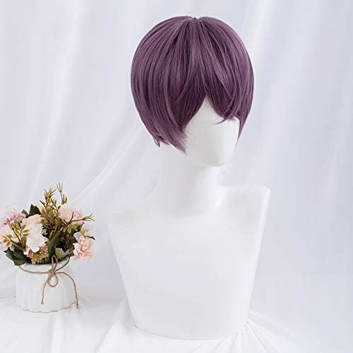 Harajuku-style purple short wig, semi-long, men's, fashionable, with net, natural look, unisex