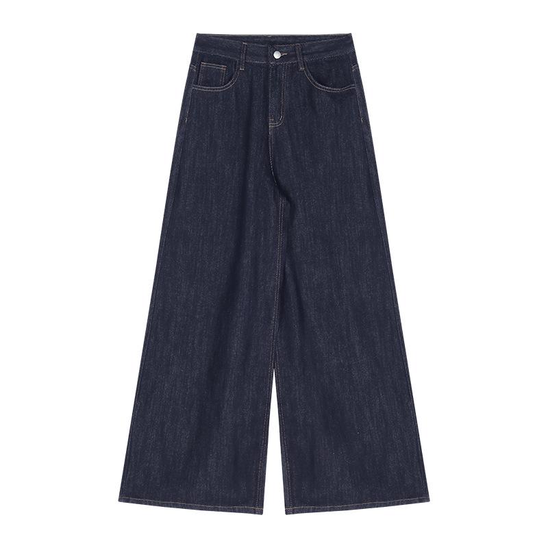 Autumn 2024: Women's Retro Dark Blue Wide-Leg Floor-Length Jeans