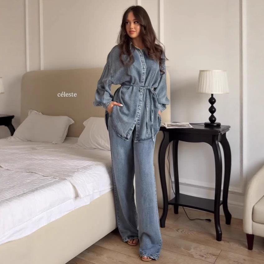 European American Fall/Winter 2025 Fashion: Loose Shirt, Tie, Coat, Denim Skirt Set for Women