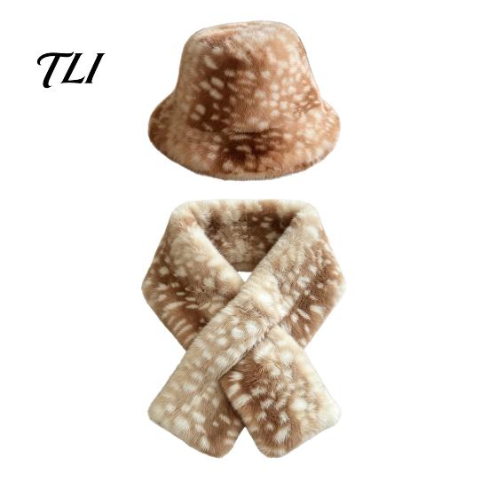 Soft Plush Winter Cap Women Spotted Deer Hat, Faux Fur Bucket Hat Scarf, Cozy Furry Fisherman for Girls, Autumn Accessory Fashionable