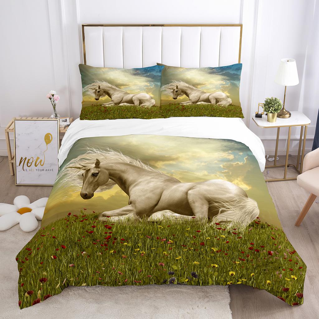 Einhorn-Bettbezug-Set, weißes Pferd mit Flügel, 3D-Druck, Kingsize, Polyester, Bettbezug für Kinder, Bettwäsche-Set mit Kissenbezug