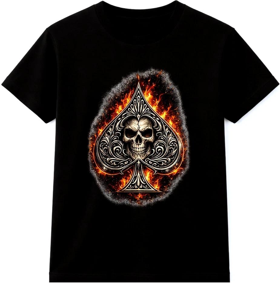 Skull Spade T Shirt Flaming Gothic Biker Tattoo Playing Card Graphic Tee S