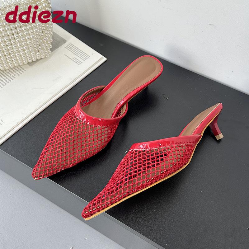 Fashion Pointed Toe Fashion Mesh Women Heeled Slippers Shoes Mules Ladies Low Heel Slippers Female Slides Sandals Pumps Big Size 43