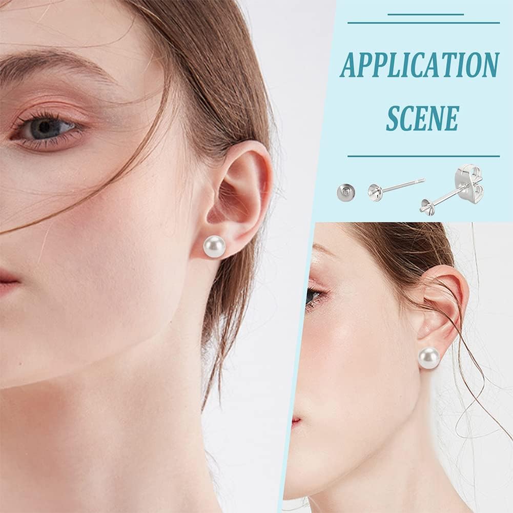DICOSMETIC 40Pcs Stud Earrings 925 Sterling Silver Earrings Posts 0.7mm Small Silver Pearl Cup Stud Earring Setting and 40pcs Stainless Steel Ear