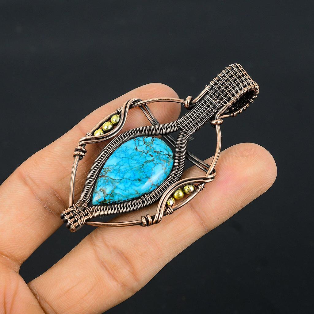 Tibetan Turquoise Pendant, 999 Copper Wire Wrapped Gemstone Jewelry, Handmade Pendant, For Thanksgiving