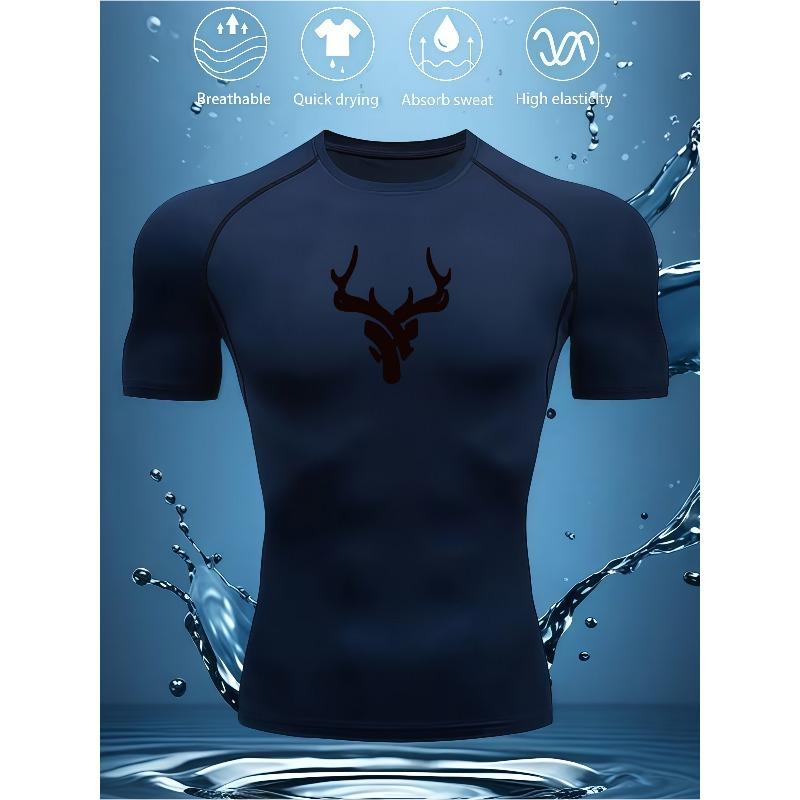 Mens Compression Short Sleeve T-Shirt Black Antler Silhouette Graphic Breathable Quick Dry High Elasticity Gym And Running Athletic Top