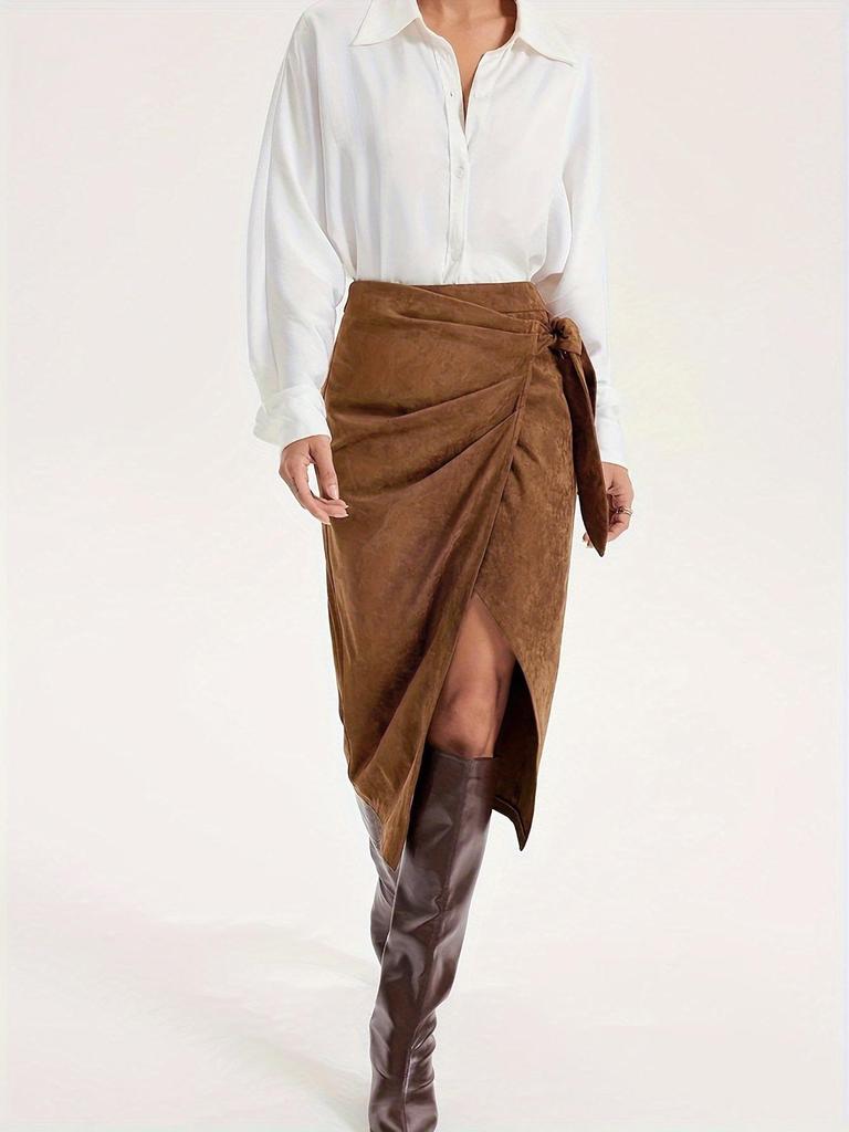 Elegant Women's Suede Skirt with Lace-up Knot - Solid Color, Spring/Autumn Collection