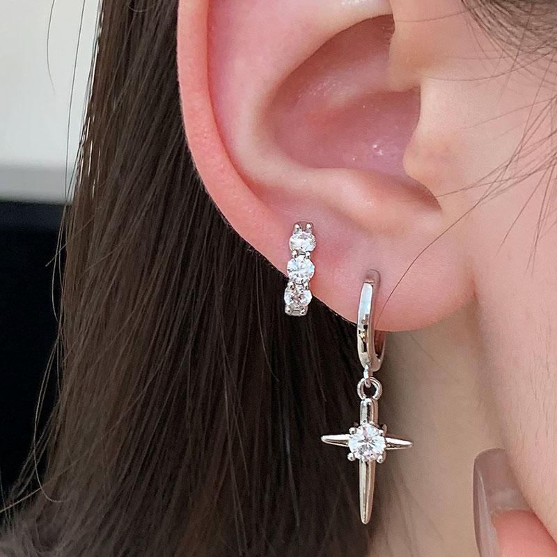 2pc/set Shiny Zircon Cross Star Earrings for Women Men New Fashion Stainless Steel Ear Bone Nail Ear Accessories Sparkle Jewelry