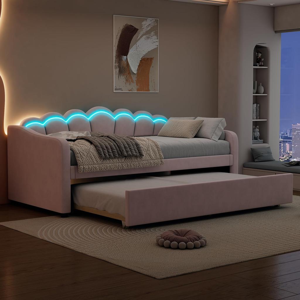 Schlafsofa Polsterbett 90 x 200 cm, Ausziehbares Bettsofa, Ausziehbett mit Rollen, mit LED-Licht, Samt minimalistisches Styling Ohne Matratze