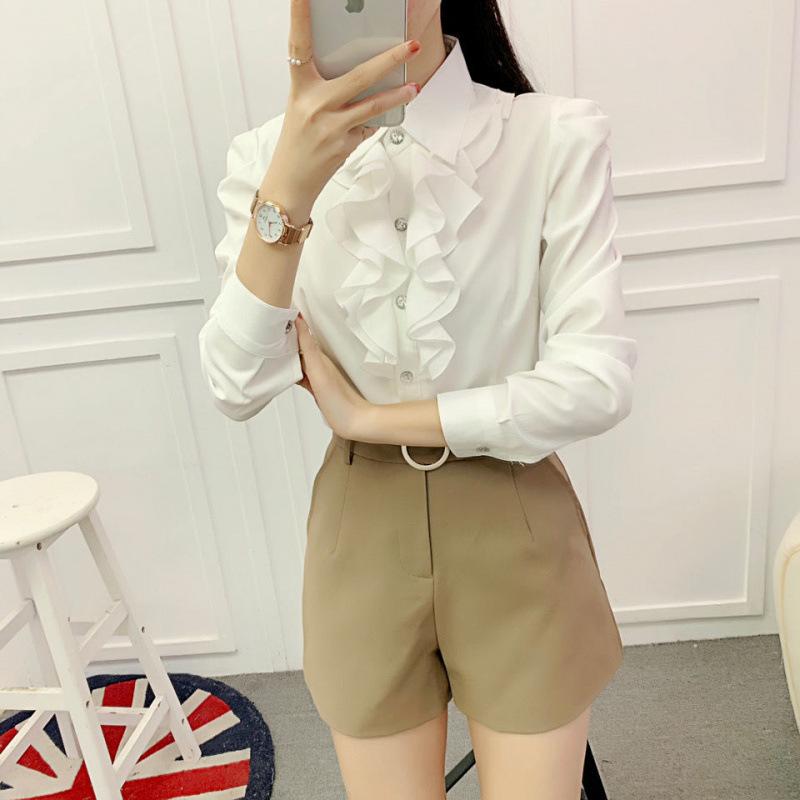 

2025 Summer Women s White Chiffon Long Sleeve Shirt with Fashion Ruffle and Stand Collar 3XL