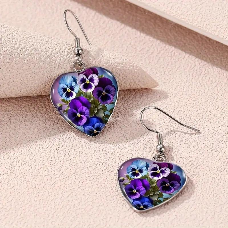 Bohemian Heart Earrings with Pansy Flower Design Pattern