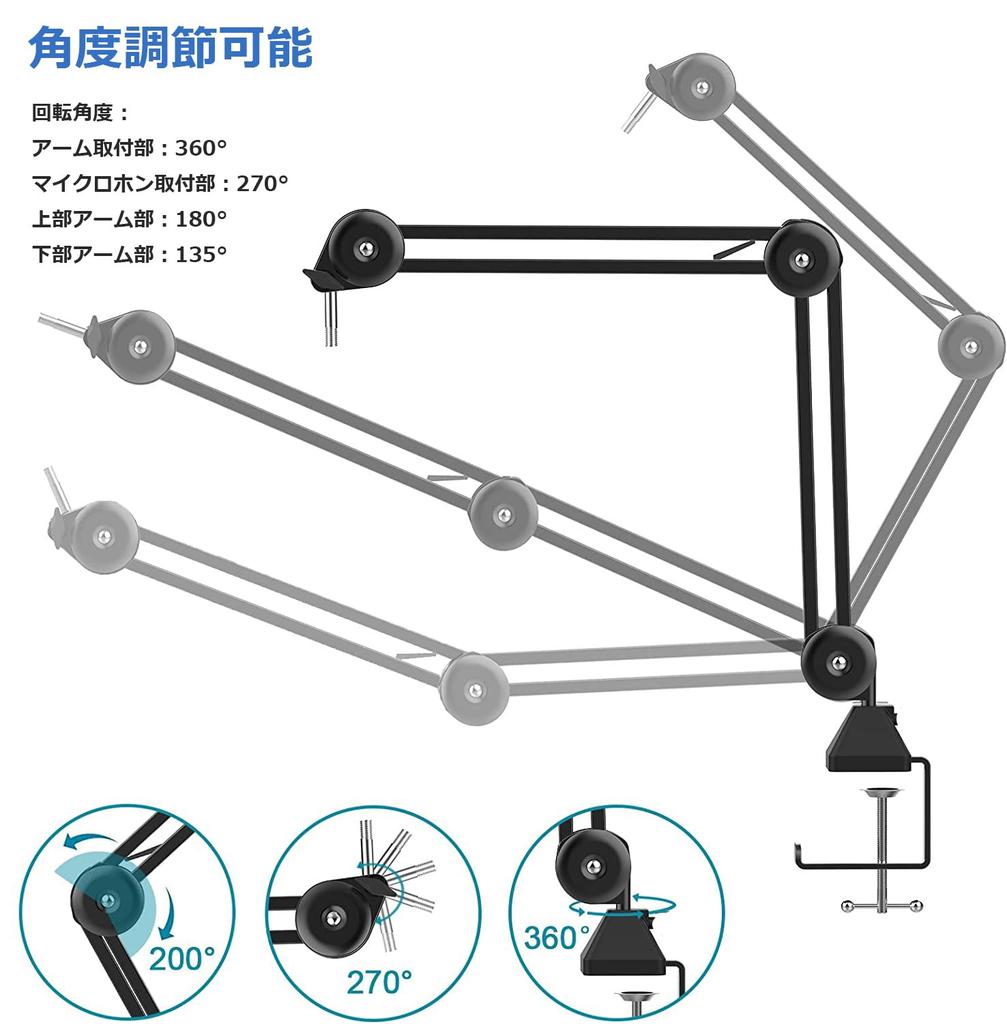 Adjustable Microphone Boom Arm, Extendable Metal Microphone Stand for Condenser Microphones, with 58"-38" Threads, Compatible with Blue Yeti Snowball