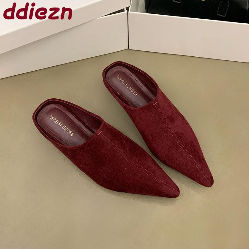 Fashion Fashion Flock Women Low Heel Pumps Shoes Slides Mules Female Shallow Footwear Pointed Toe Ladies Heeled Shoes Sandals  lady