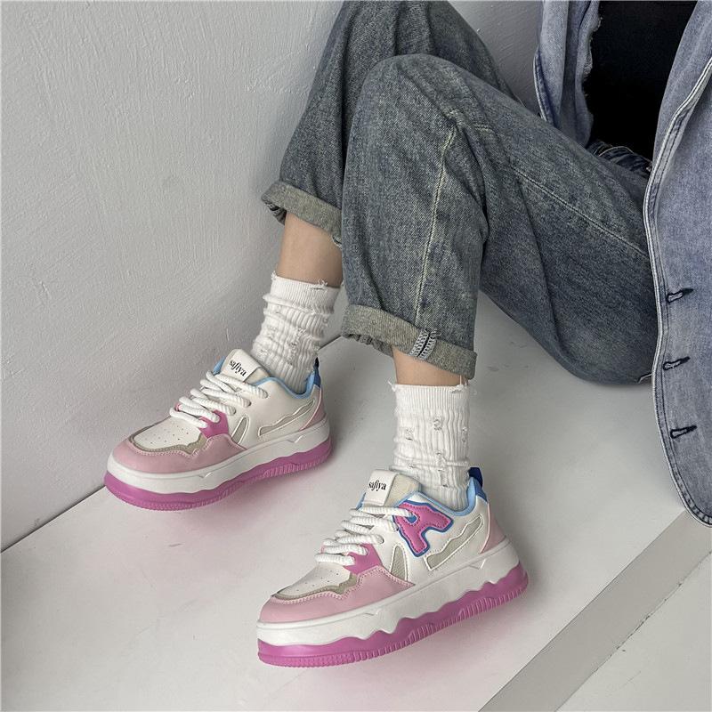 Girls Pink Thick Baseplate Shoes Women's Spring and Autumn New Versatile Leather Casual White Shoes