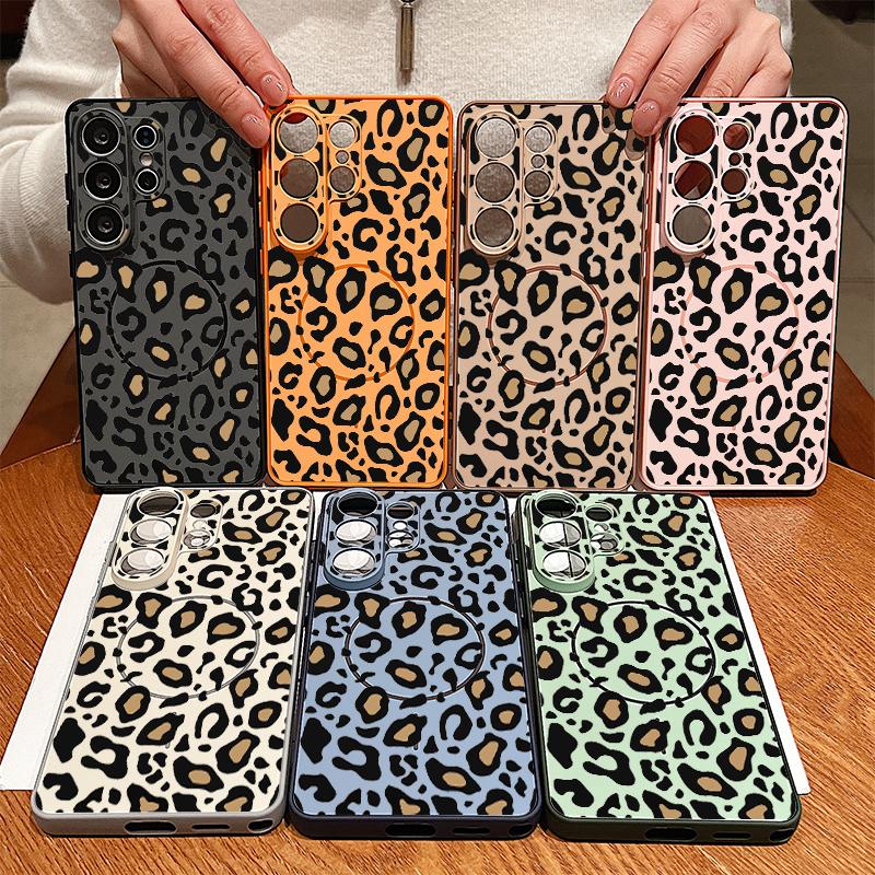 Magnetic For Magsafe Case For Samsung Galaxy S26 Ultra S25 Edge S24 Plus S23 FE S22 A54 A55 A56 5G Yellow Leopard Print Matte Cover