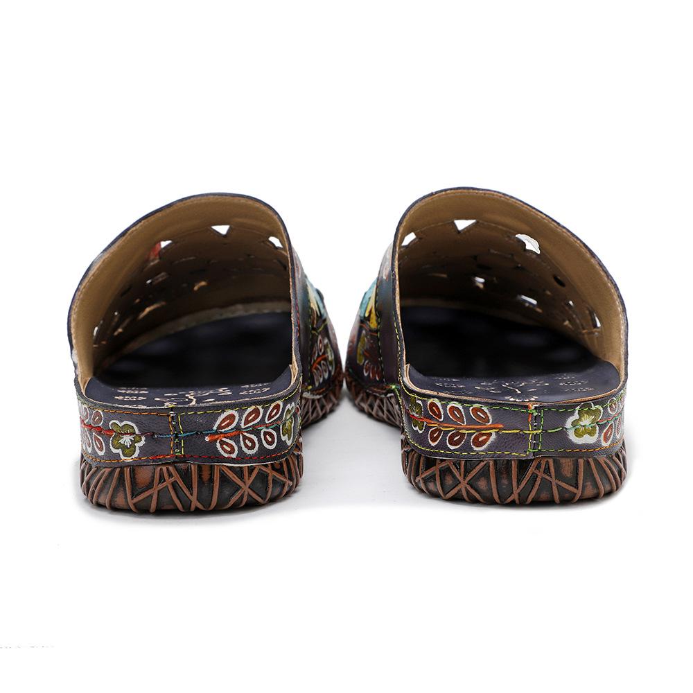 Johnature Pantoufles Femmes Chaussures En Cuir Véritable Peint À La Main À L'extérieur Diapositives À La Main Fleur Sandales Plates