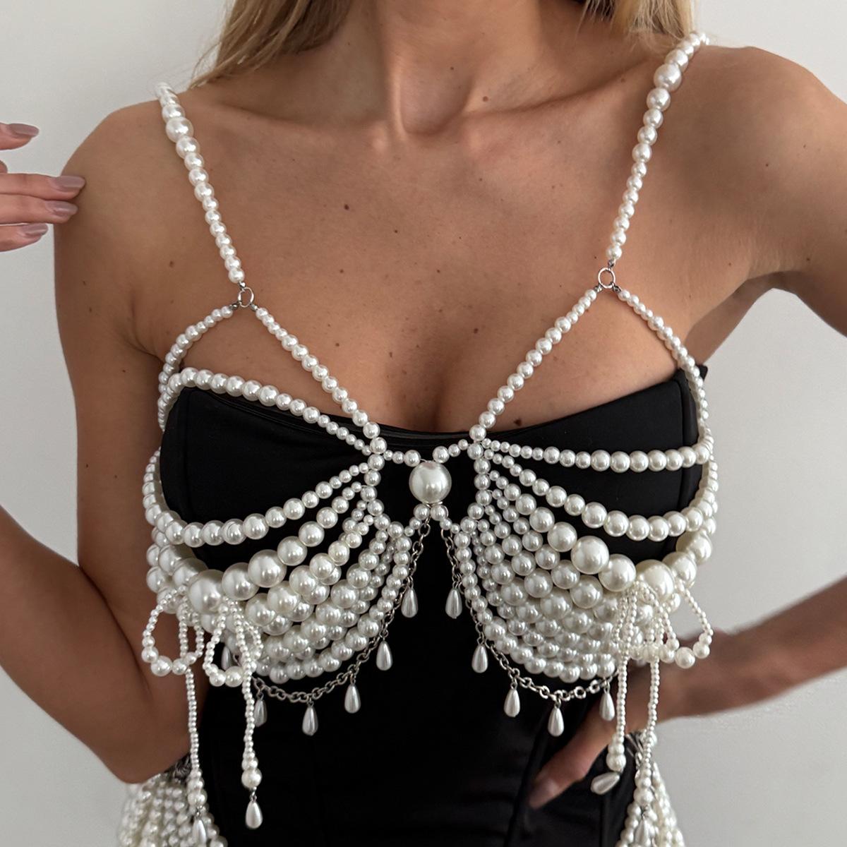 

Сексуальная Цепочка на Грудь и Тело из Имитации Жемчуга в Стиле Хеви Индастри, Модная Подиумная Цепочка на Талию с Бусинами для Женщин