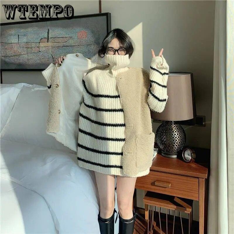 Dámský dlouhý svetr s rolákem Černobílý pruh Volný pletený pulovr Střední délka Teplý Streetwear styl Svetr Podzim a Zima