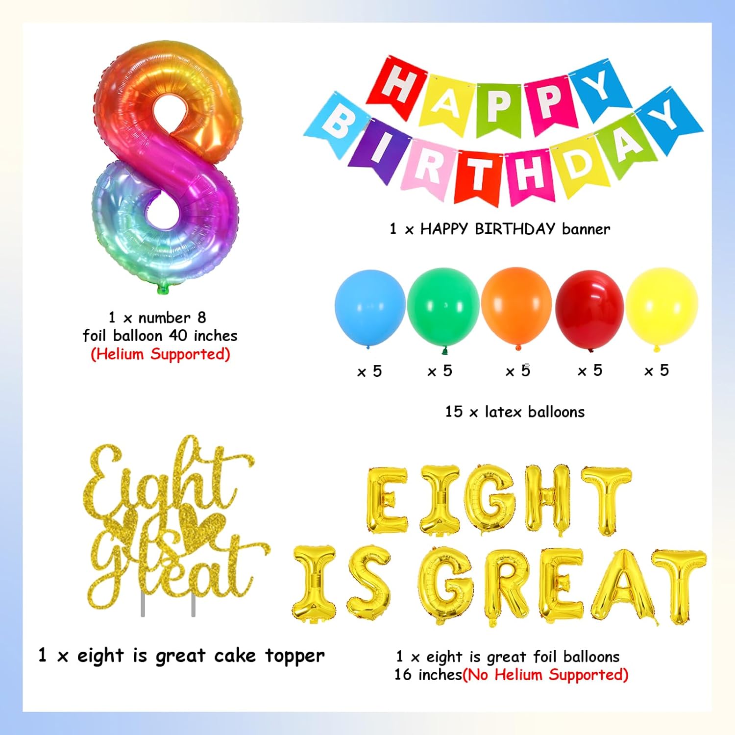 Eight Is Great Birthday Decorations, Rainbow Its Great to be Eight Party Decor with Happy Birthday Banner Balloons, 8th Bday Cake Topper, Baptism