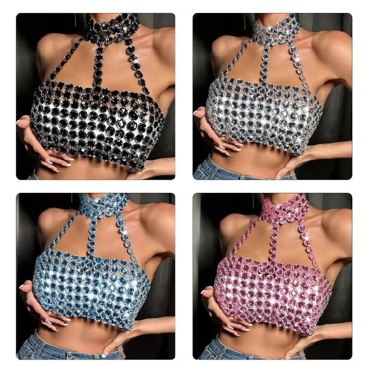 Rhinestones Diamond Body Chain Bra for Women Crystal Backless Chest Chain Halterneck Mesh Crop Top Harness Body Jewelry