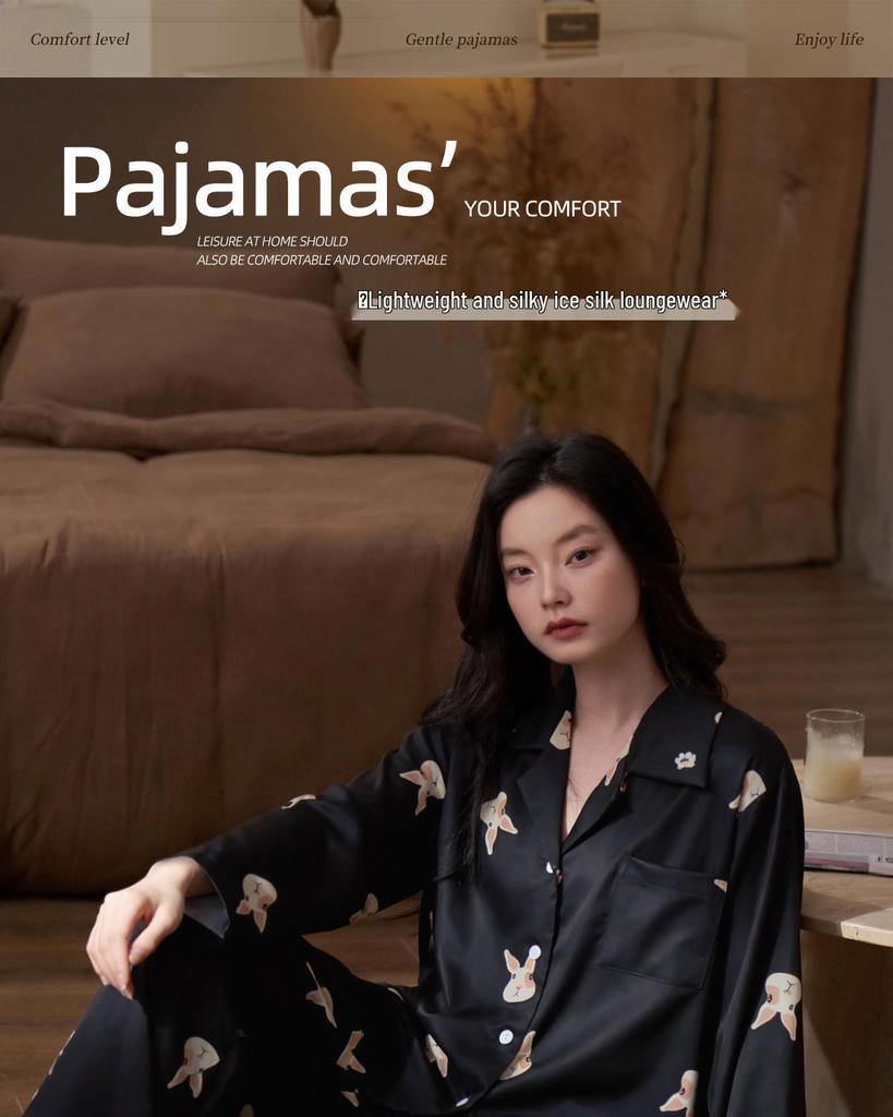 Women's Ice Silk Pajamas Set - Long Sleeve, Lightweight, Little Dog Print, High-End Feel for Spring and Autumn Home Wear.